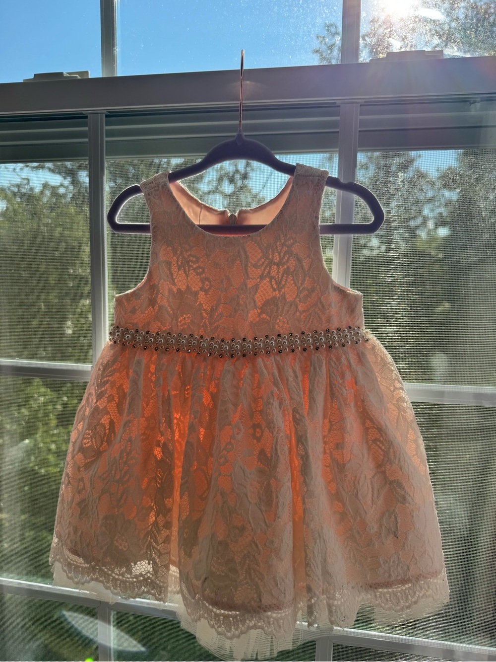 American Princess Pink Lace Formal Dress with Gem Waistband